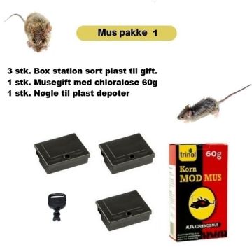 Muse pakkeløsning med 3 stk. Box station sort plast til gift, 1 stk. Musegift med chloralose 60g 1 stk. Flex handske
